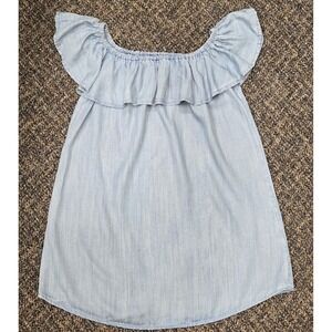 Light Blue Wash Flowy Bubble Design Off Shoulder Sleeves Flirty Babydoll Mini